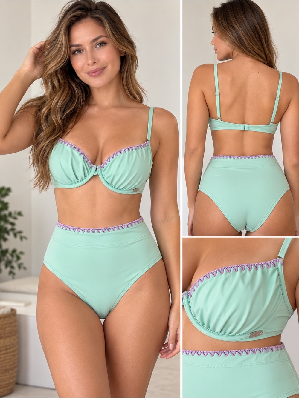 Mint High-Waist Bikini Set with Lavender Trim - Women Swim